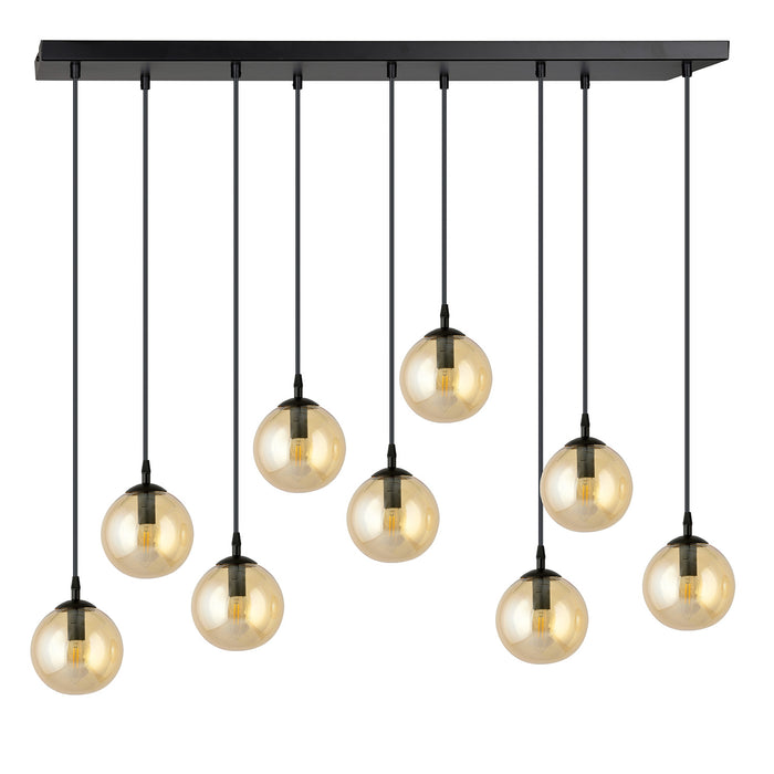 Sospensione Moderna 9 Luci Kali In Acciaio Nero E Sfere In Vetro Ambra