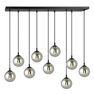 Sospensione Moderna 9 Luci Kali In Acciaio Nero E Sfere In Vetro Fumè