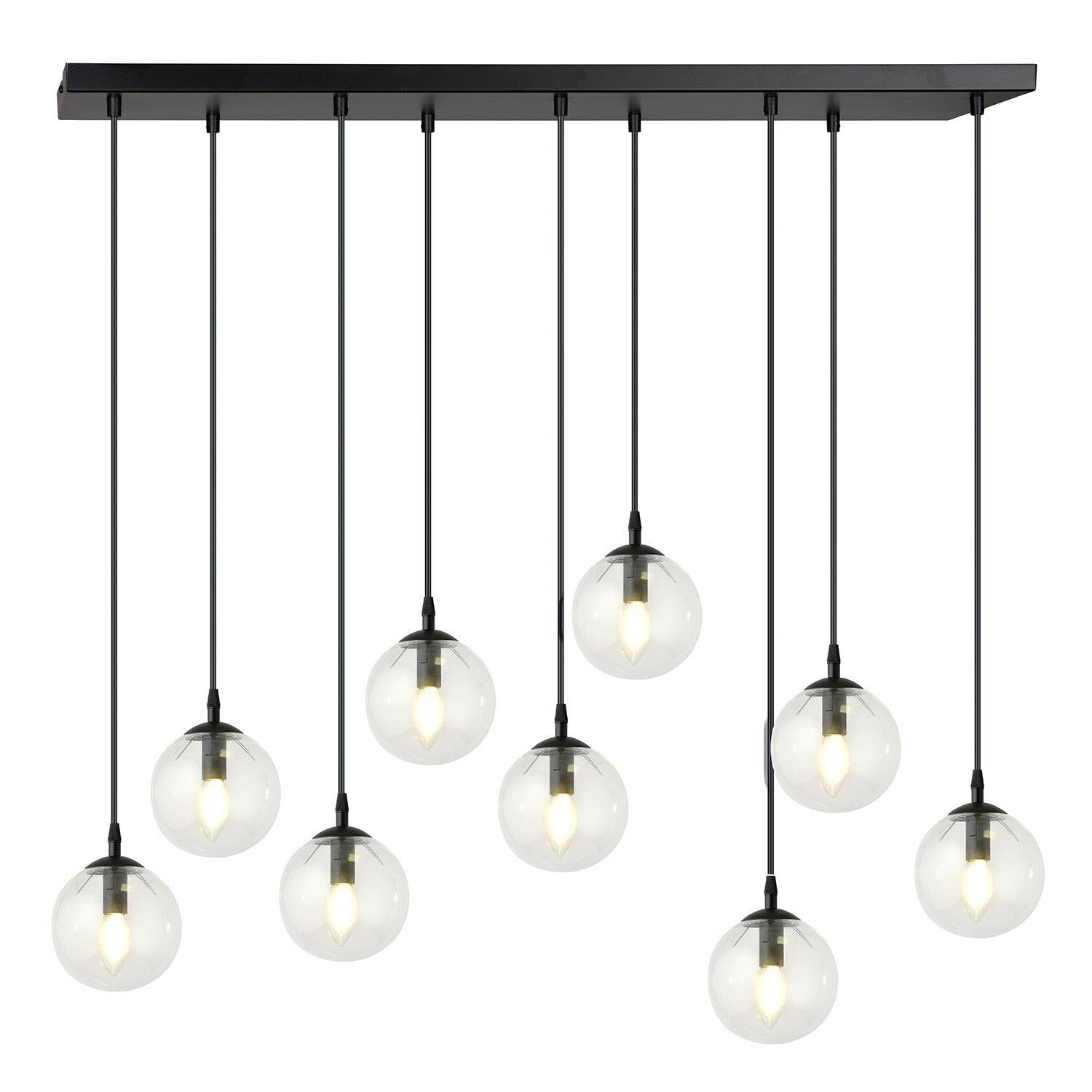 Sospensione Moderna 9 Luci Kali In Acciaio Nero E Sfere In Vetro Trasparente