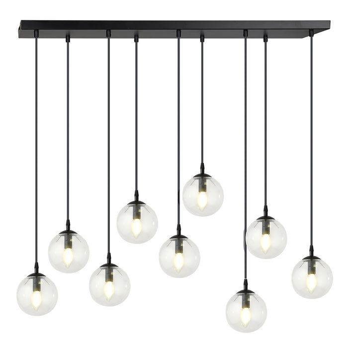 Sospensione Moderna 9 Luci Kali In Acciaio Nero E Sfere In Vetro Trasparente