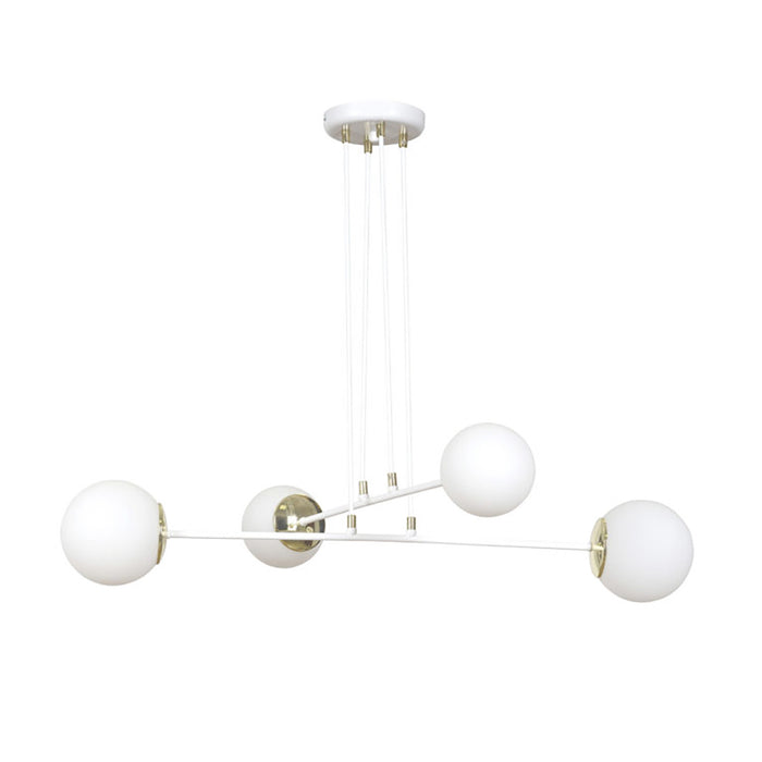 Lampadario Moderno 4 Luci Tsukuyomi In Acciaio Bianco E Oro E Vetro A Sfera Opale