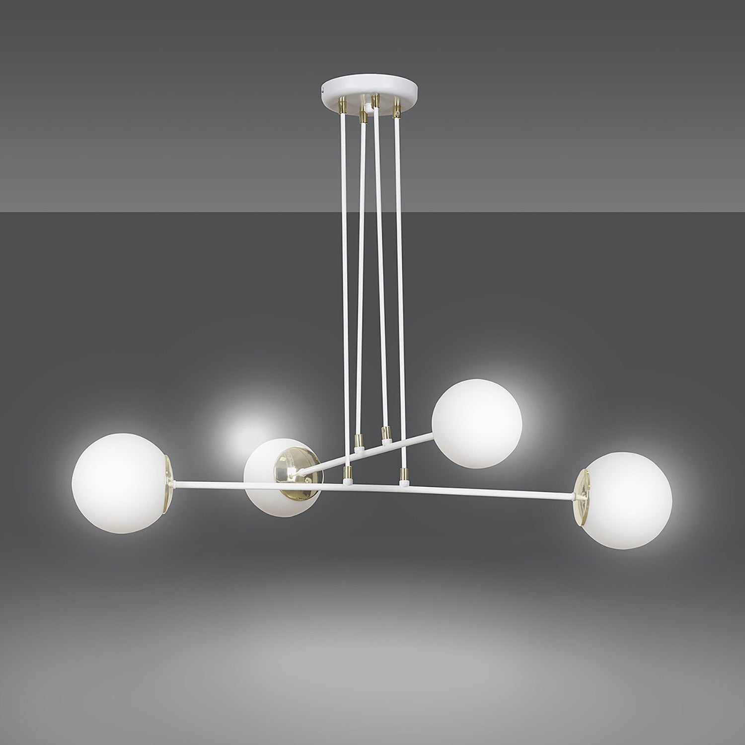 Lampadario Moderno 4 Luci Tsukuyomi In Acciaio Bianco E Oro E Vetro A Sfera Opale