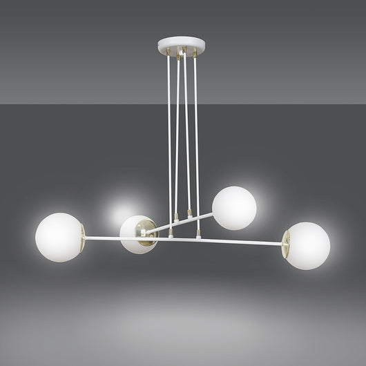 Lampadario Moderno 4 Luci Tsukuyomi In Acciaio Bianco E Oro E Vetro A Sfera Opale
