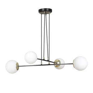 Lampadario Moderno 4 Luci Tsukuyomi In Acciaio Nero E Oro E Vetro A Sfera Opale
