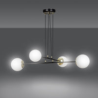 Lampadario Moderno 4 Luci Tsukuyomi In Acciaio Nero E Oro E Vetro A Sfera Opale