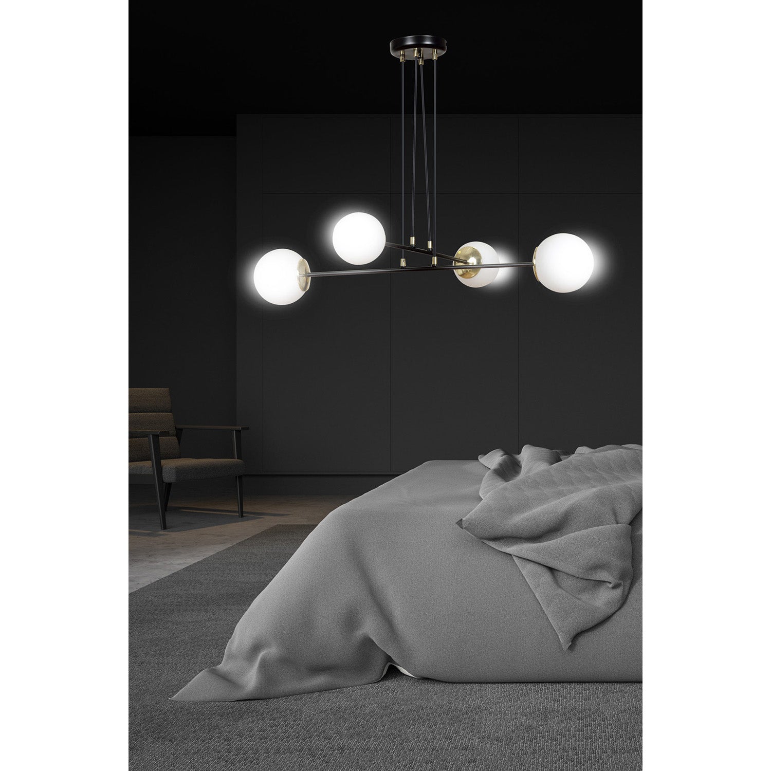 Lampadario Moderno 4 Luci Tsukuyomi In Acciaio Nero E Oro E Vetro A Sfera Opale