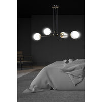 Lampadario Moderno 4 Luci Tsukuyomi In Acciaio Nero E Oro E Vetro A Sfera Opale