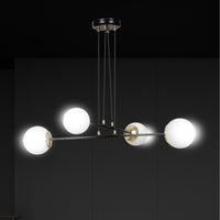 Lampadario Moderno 4 Luci Tsukuyomi In Acciaio Nero E Oro E Vetro A Sfera Opale