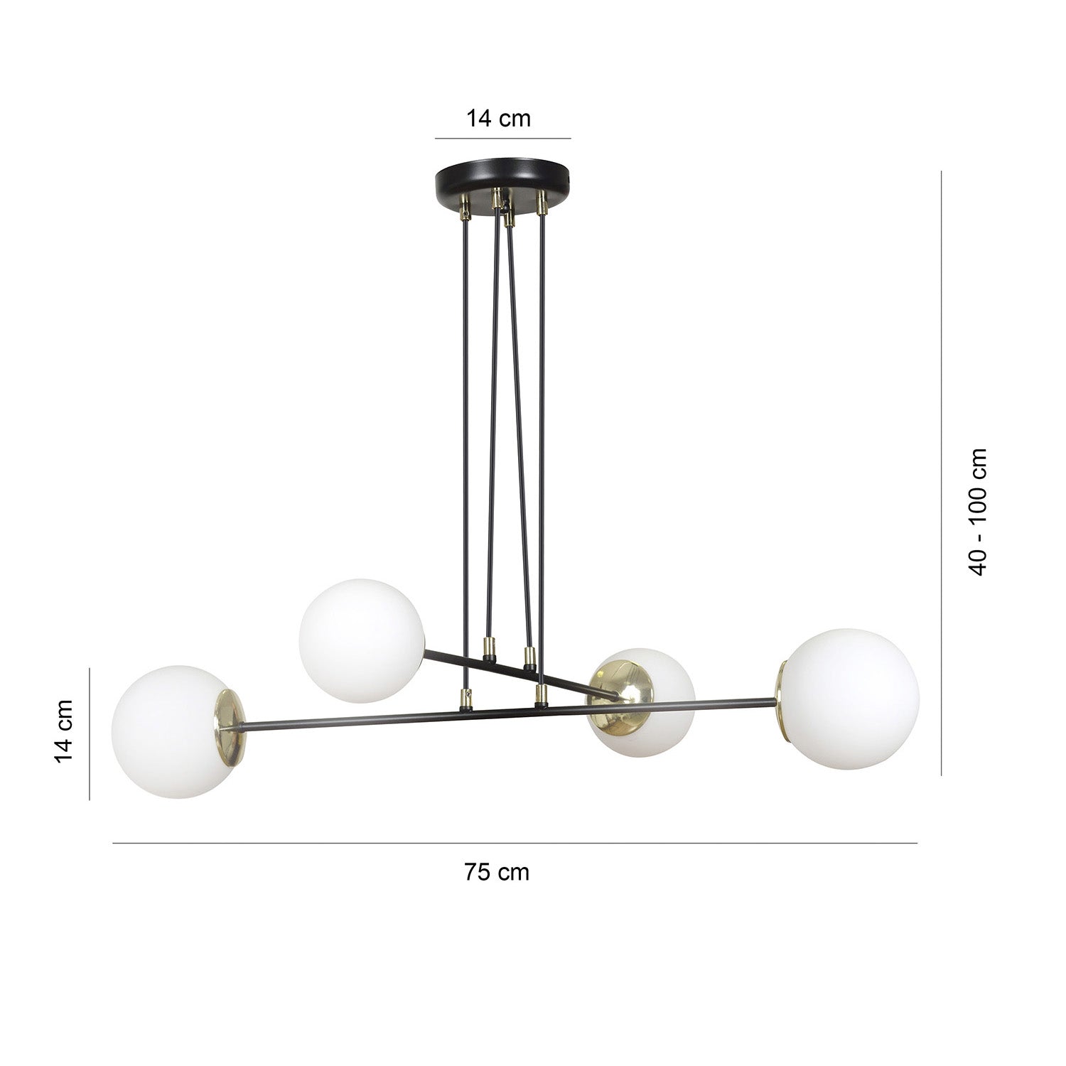 Lampadario Moderno 4 Luci Tsukuyomi In Acciaio Nero E Oro E Vetro A Sfera Opale