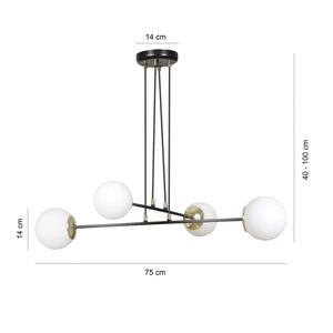 Lampadario Moderno 4 Luci Tsukuyomi In Acciaio Nero E Oro E Vetro A Sfera Opale