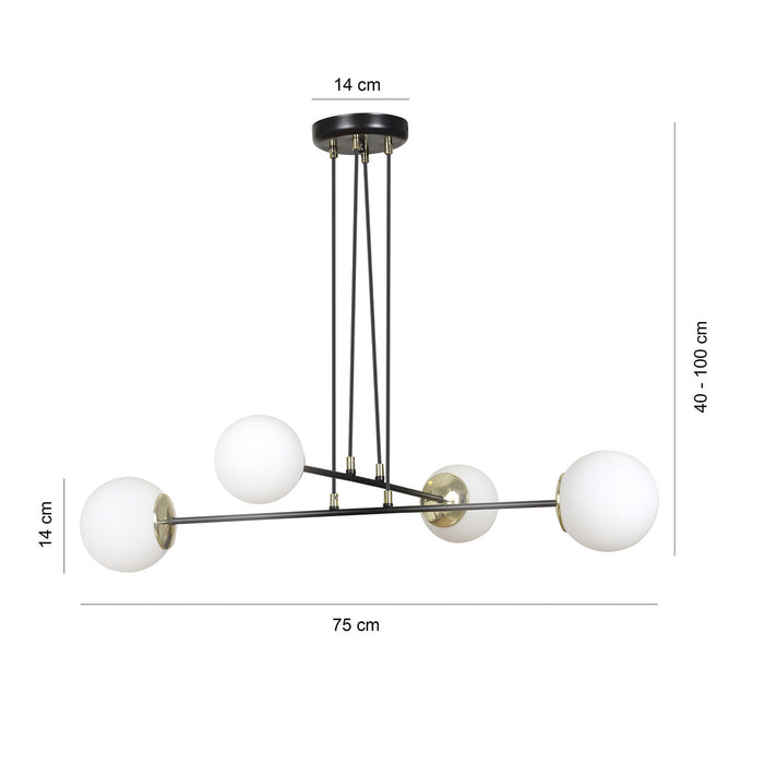 Lampadario Moderno 4 Luci Tsukuyomi In Acciaio Nero E Oro E Vetro A Sfera Opale