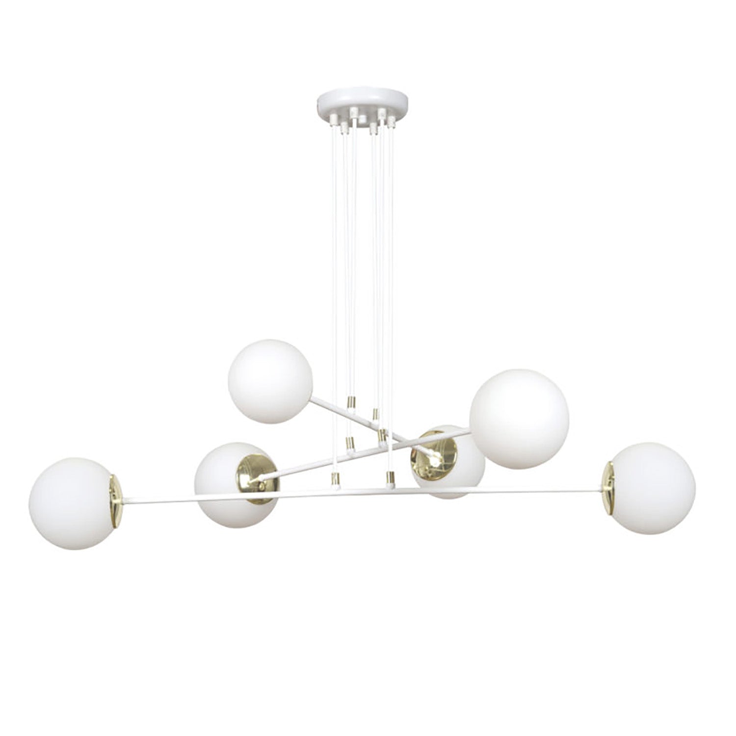 Lampadario Moderno 6 Luci Tsukuyomi In Acciaio Bianco E Oro E Vetro A Sfera Opale