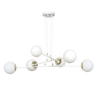 Lampadario Moderno 6 Luci Tsukuyomi In Acciaio Bianco E Oro E Vetro A Sfera Opale