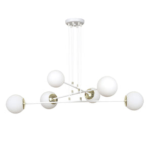 Lampadario Moderno 6 Luci Tsukuyomi In Acciaio Bianco E Oro E Vetro A Sfera Opale
