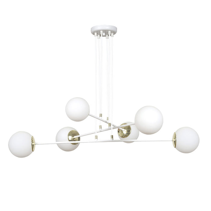 Lampadario Moderno 6 Luci Tsukuyomi In Acciaio Bianco E Oro E Vetro A Sfera Opale
