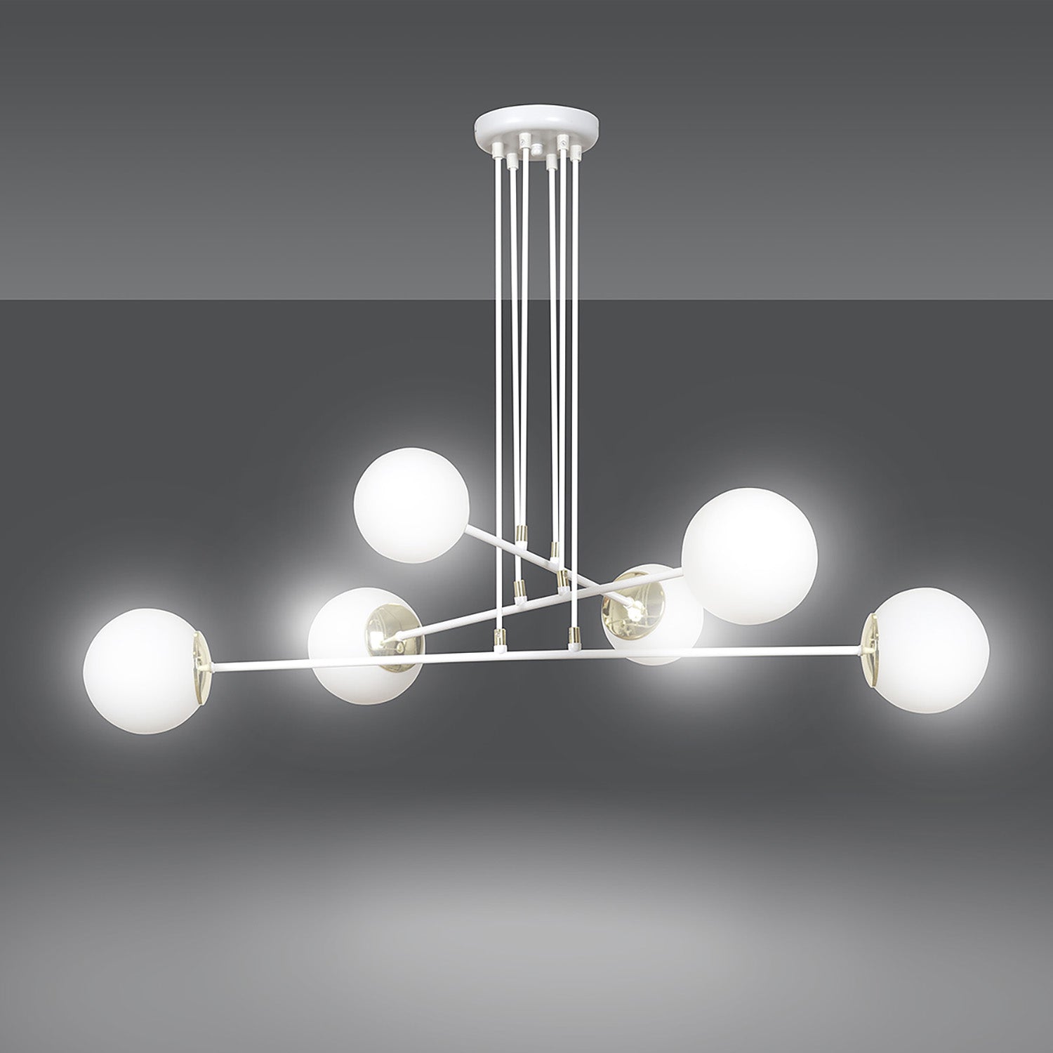 Lampadario Moderno 6 Luci Tsukuyomi In Acciaio Bianco E Oro E Vetro A Sfera Opale