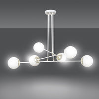 Lampadario Moderno 6 Luci Tsukuyomi In Acciaio Bianco E Oro E Vetro A Sfera Opale