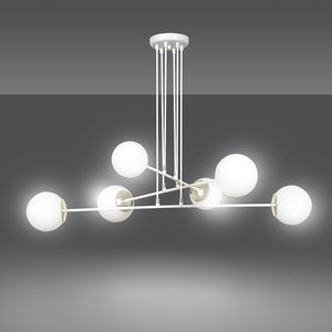 Lampadario Moderno 6 Luci Tsukuyomi In Acciaio Bianco E Oro E Vetro A Sfera Opale