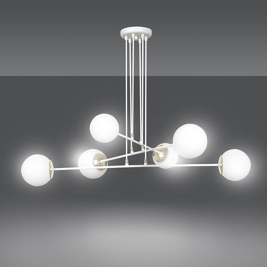 Lampadario Moderno 6 Luci Tsukuyomi In Acciaio Bianco E Oro E Vetro A Sfera Opale