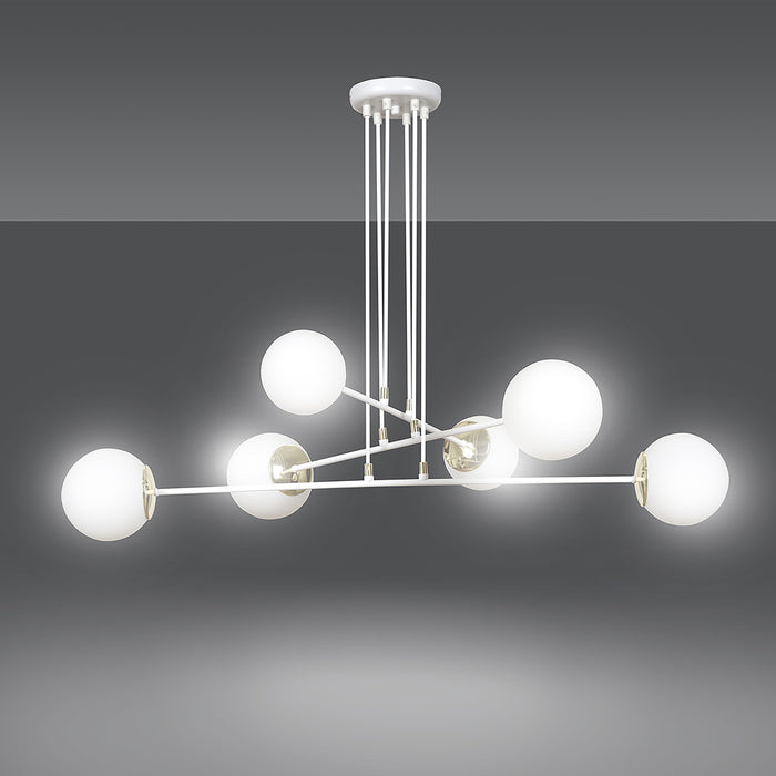 Lampadario Moderno 6 Luci Tsukuyomi In Acciaio Bianco E Oro E Vetro A Sfera Opale