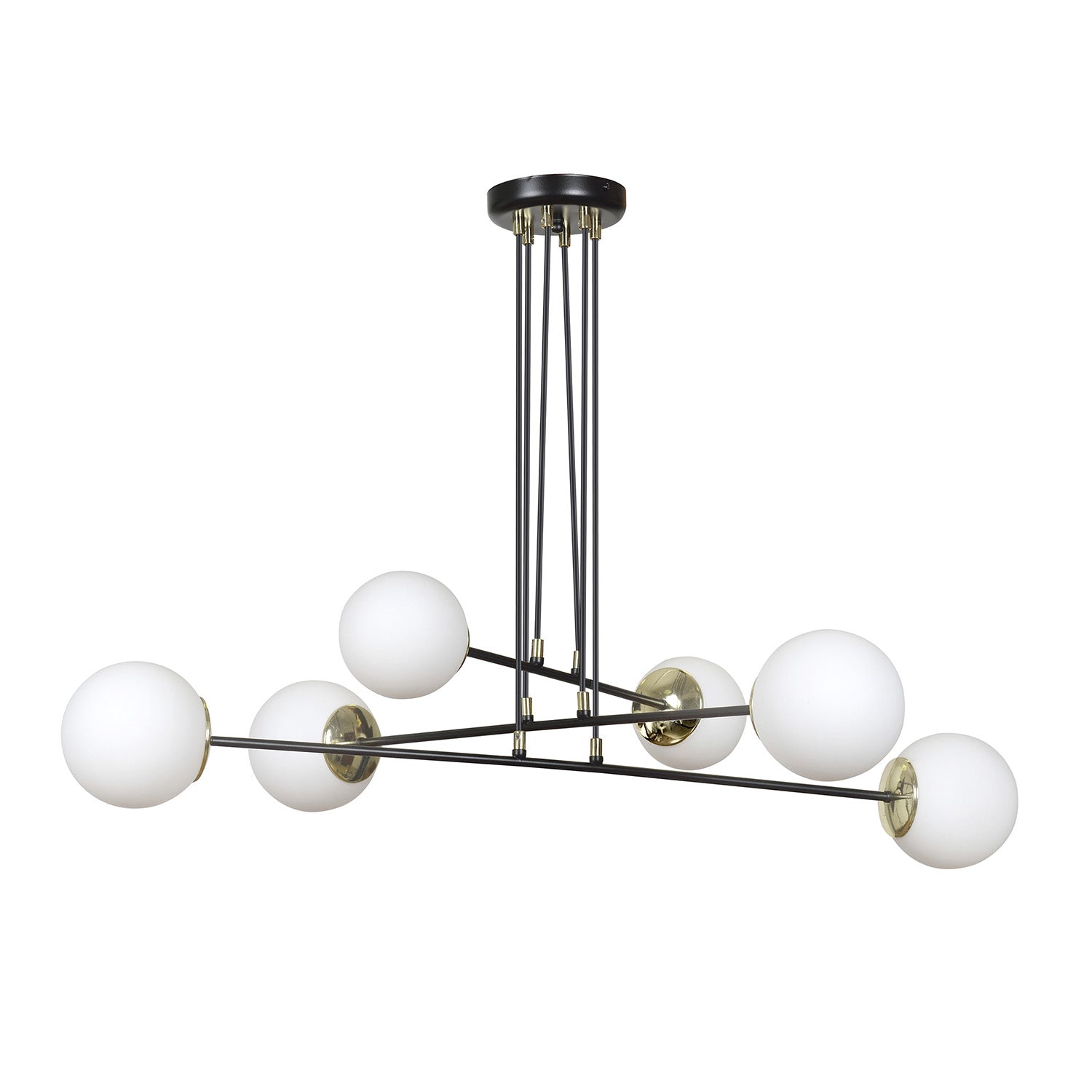 Lampadario Moderno 6 Luci Tsukuyomi In Acciaio Nero E Oro E Vetro A Sfera Opale
