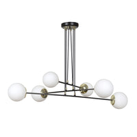 Lampadario Moderno 6 Luci Tsukuyomi In Acciaio Nero E Oro E Vetro A Sfera Opale