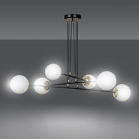 Lampadario Moderno 6 Luci Tsukuyomi In Acciaio Nero E Oro E Vetro A Sfera Opale