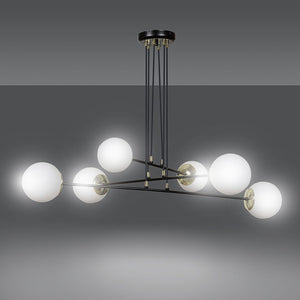 Lampadario Moderno 6 Luci Tsukuyomi In Acciaio Nero E Oro E Vetro A Sfera Opale