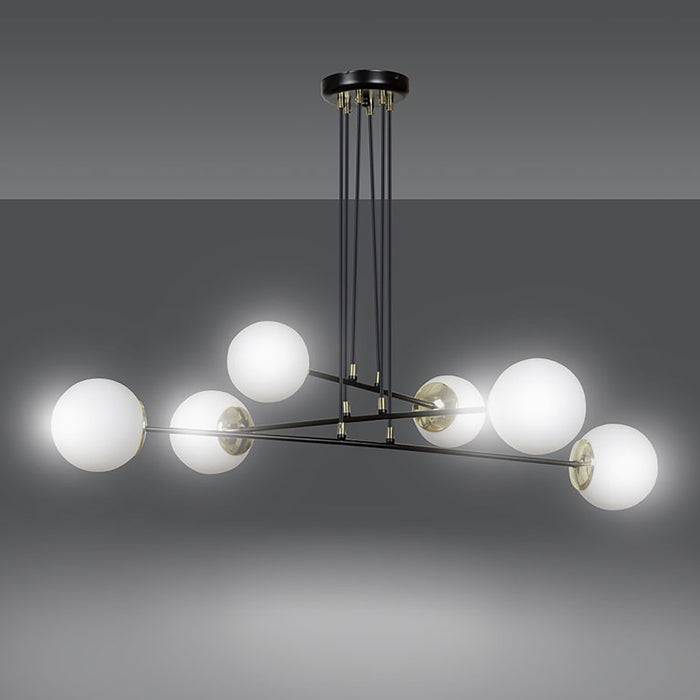 Lampadario Moderno 6 Luci Tsukuyomi In Acciaio Nero E Oro E Vetro A Sfera Opale
