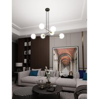 Lampadario Moderno 6 Luci Tsukuyomi In Acciaio Nero E Oro E Vetro A Sfera Opale