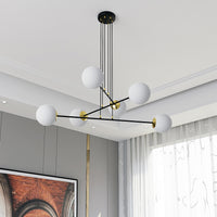 Lampadario Moderno 6 Luci Tsukuyomi In Acciaio Nero E Oro E Vetro A Sfera Opale
