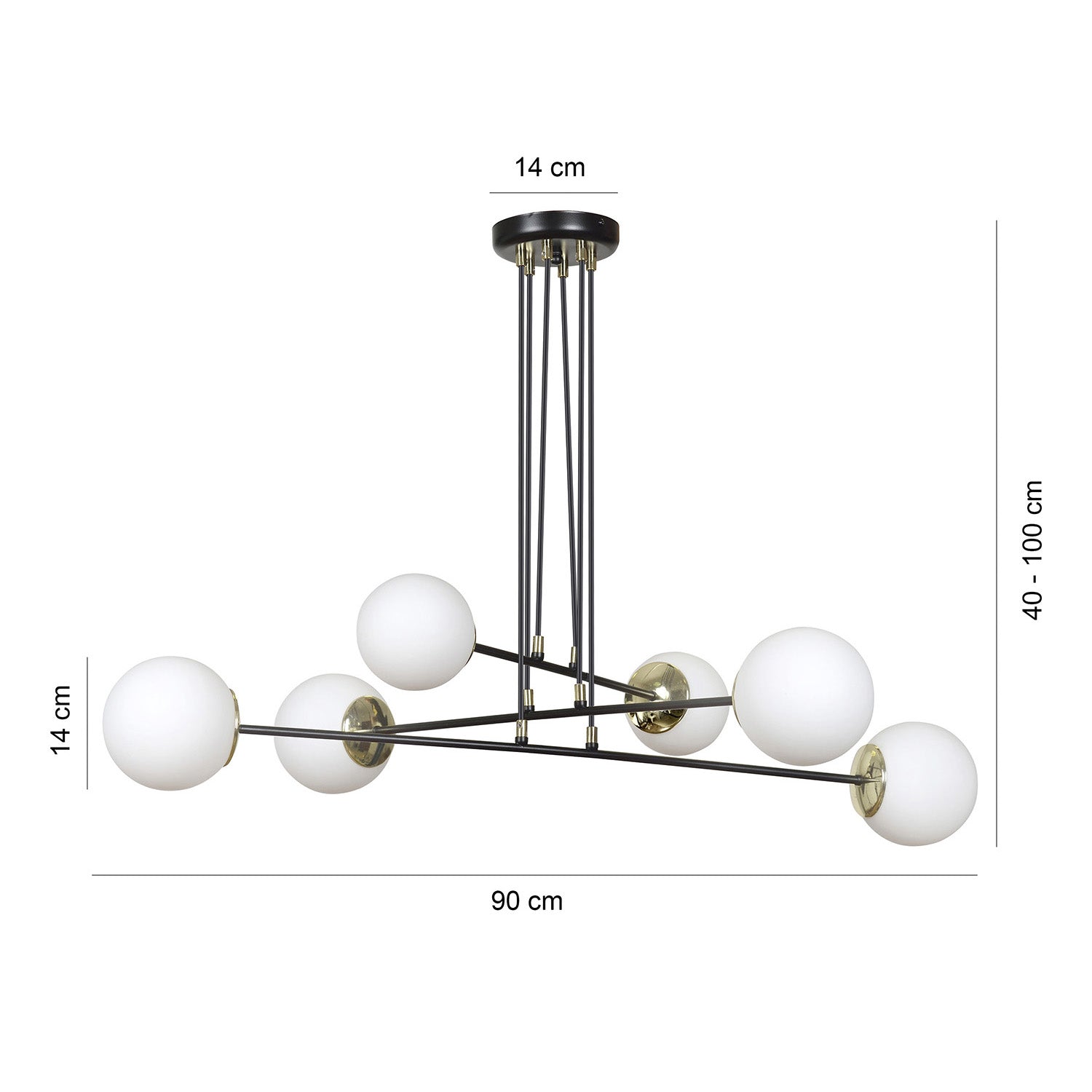 Lampadario Moderno 6 Luci Tsukuyomi In Acciaio Nero E Oro E Vetro A Sfera Opale
