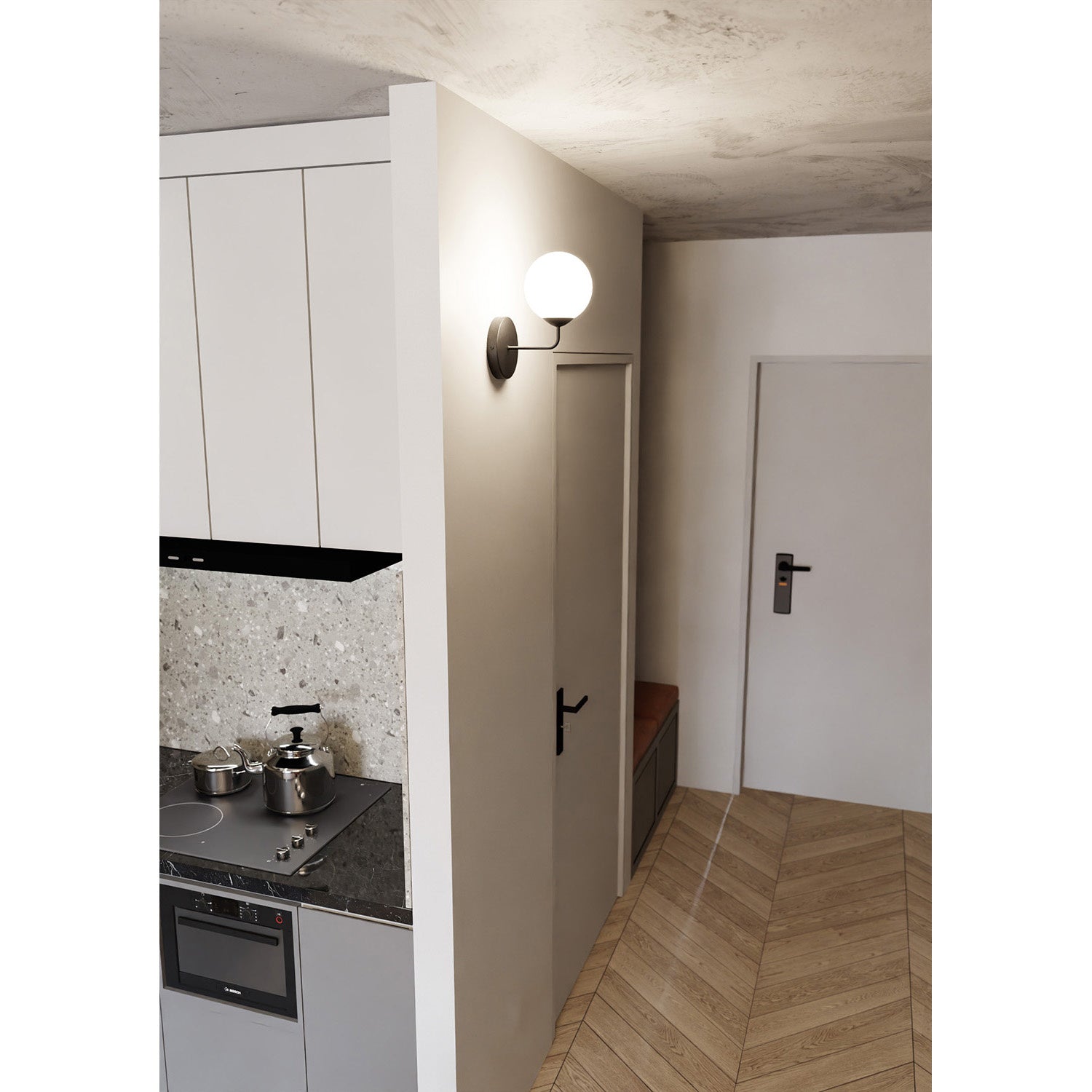 Applique Moderna 1 Luce Susanoo In Acciaio Nero E Vetro A Sfera Bianco