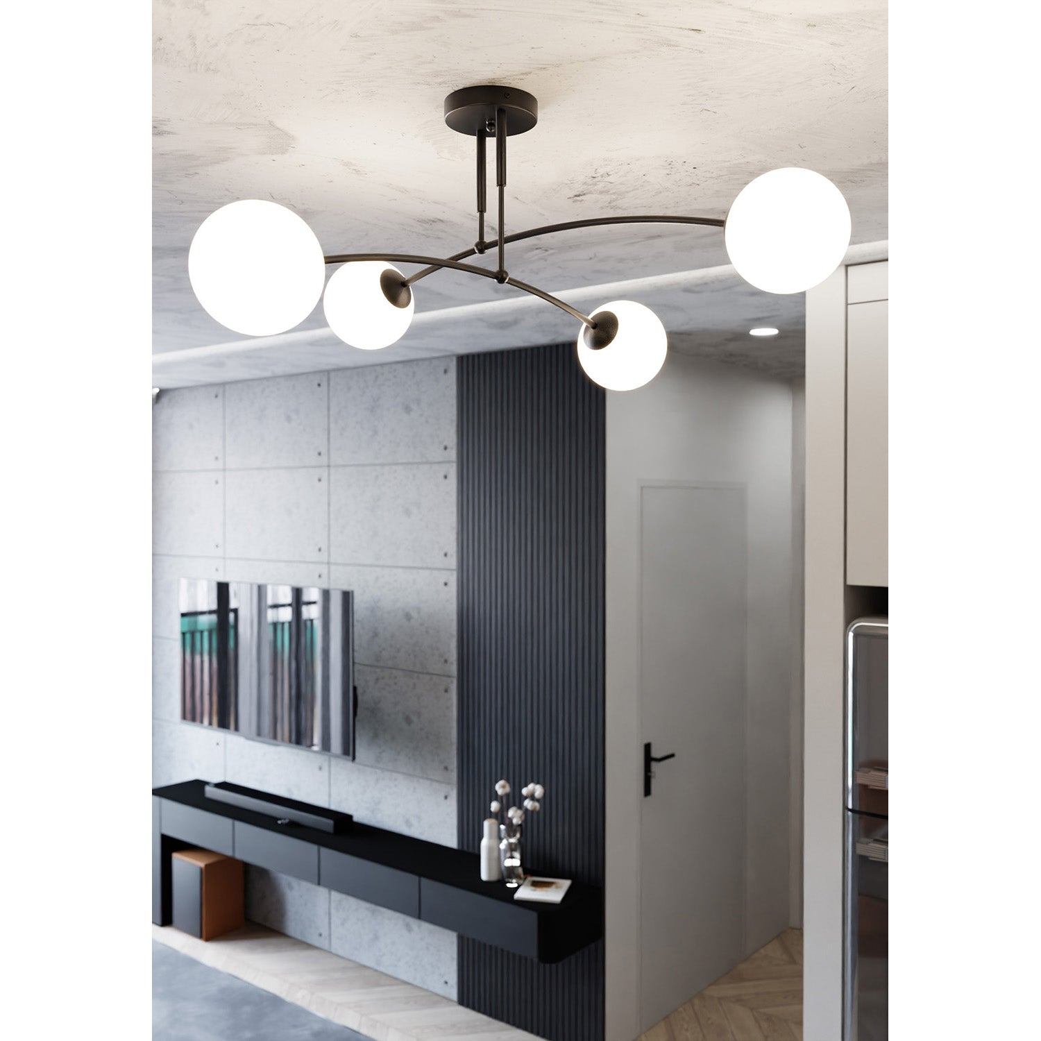 Plafoniera Moderna 4 Luci Susanoo In Acciaio Nero E Vetri A Sfera In Bianco