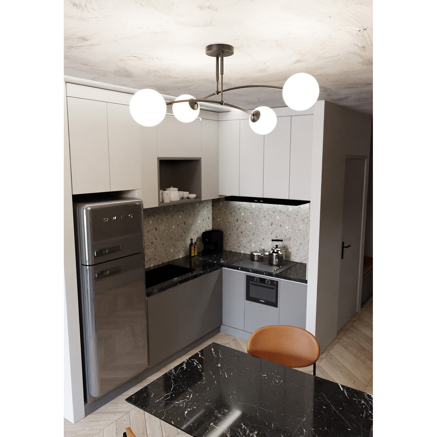 Plafoniera Moderna 4 Luci Susanoo In Acciaio Nero E Vetri A Sfera In Bianco