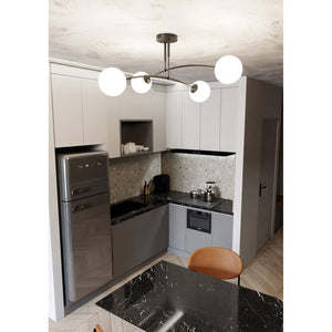 Plafoniera Moderna 4 Luci Susanoo In Acciaio Nero E Vetri A Sfera In Bianco