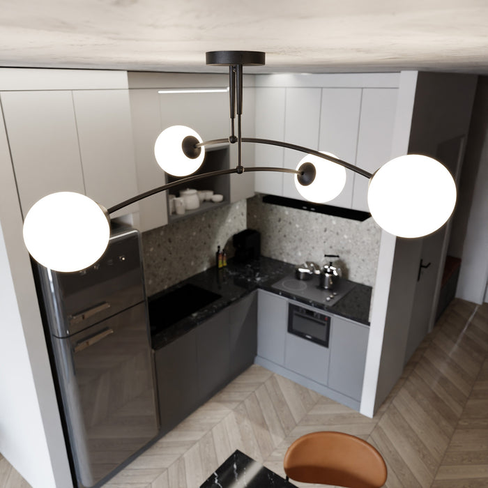 Plafoniera Moderna 4 Luci Susanoo In Acciaio Nero E Vetri A Sfera In Bianco