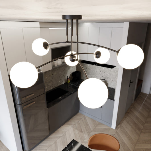 Plafoniera Moderna 6 Luci Susanoo In Acciaio Nero E Vetri A Sfera In Bianco