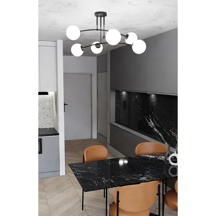 Plafoniera Moderna 6 Luci Susanoo In Acciaio Nero E Vetri A Sfera In Bianco