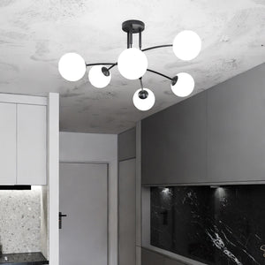 Plafoniera Moderna 6 Luci Susanoo In Acciaio Nero E Vetri A Sfera In Bianco