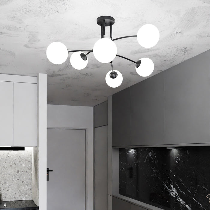 Plafoniera Moderna 6 Luci Susanoo In Acciaio Nero E Vetri A Sfera In Bianco
