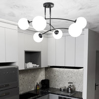 Plafoniera Moderna 6 Luci Susanoo In Acciaio Nero E Vetri A Sfera In Bianco