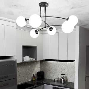 Plafoniera Moderna 6 Luci Susanoo In Acciaio Nero E Vetri A Sfera In Bianco