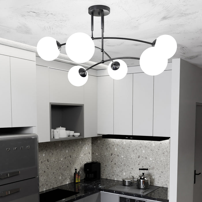 Plafoniera Moderna 6 Luci Susanoo In Acciaio Nero E Vetri A Sfera In Bianco