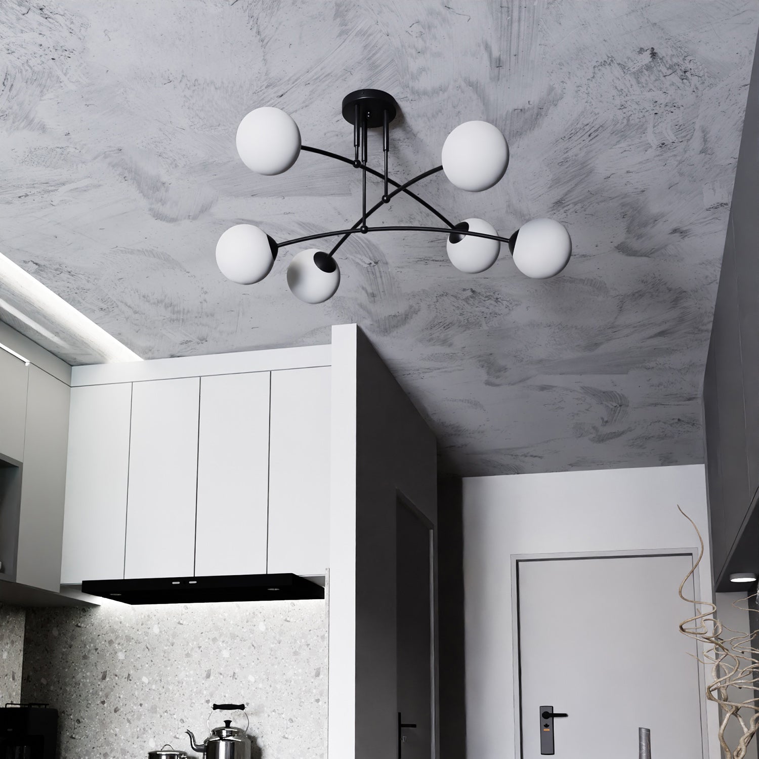 Plafoniera Moderna 6 Luci Susanoo In Acciaio Nero E Vetri A Sfera In Bianco