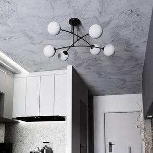 Plafoniera Moderna 6 Luci Susanoo In Acciaio Nero E Vetri A Sfera In Bianco