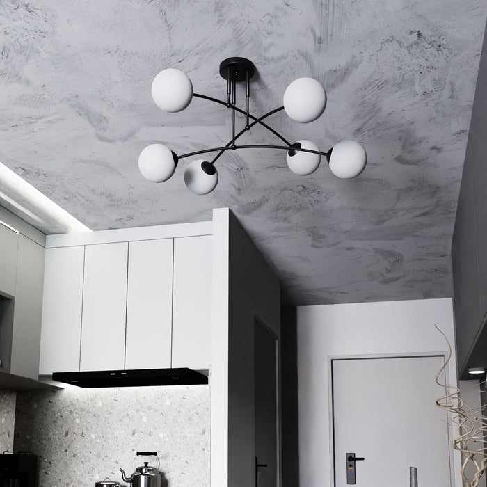 Plafoniera Moderna 6 Luci Susanoo In Acciaio Nero E Vetri A Sfera In Bianco