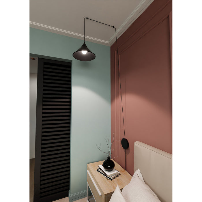 Sospensione Minimal 1 Luce Fujin In Acciao Nero E Paralume A Cono