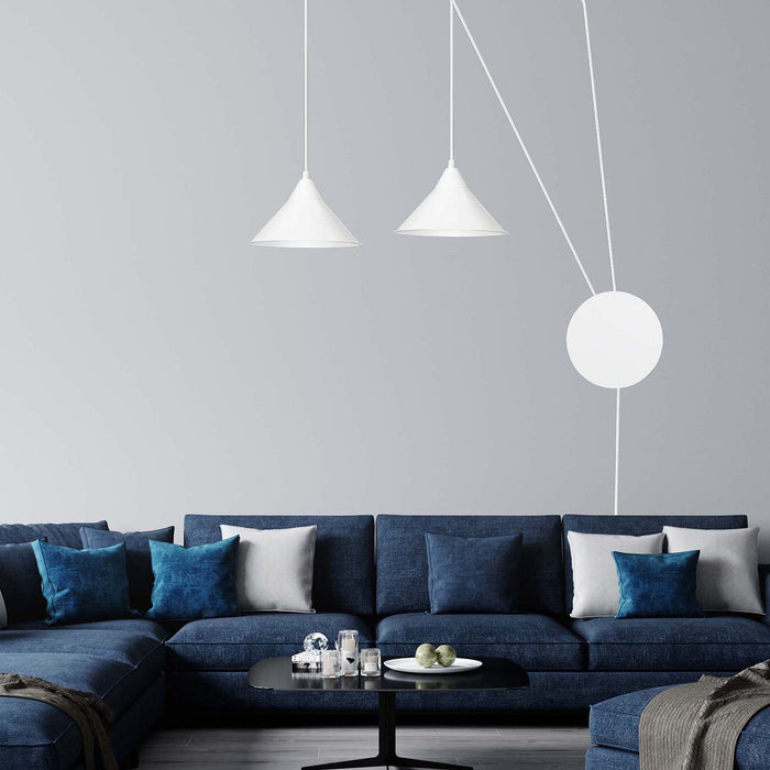 Sospensione Minimal 2 Luci Fujin In Acciao Bianco E Paralume A Cono