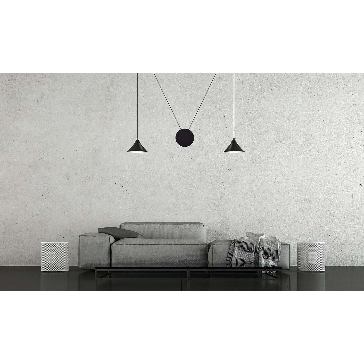 Sospensione Minimal 2 Luci Fujin In Acciao Nero E Paralume A Cono